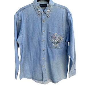 Sprinkles Vintage Denim Button Down Shirt Austrian Crystal Floral Light Wash S